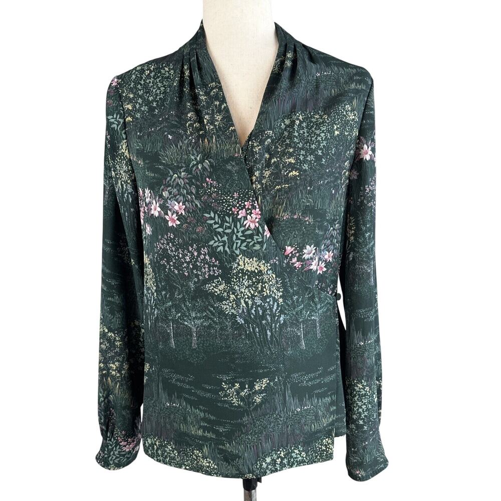 Ted Baker Womens Thessie Pintuck Wrap Blouse Top Size 1 S Green Floral